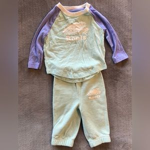 Roots baby 3-6 months green and purple sweatshirt and pants outfit